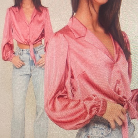Sophisticated and Edgy Satin
Button Down Blouse with Self
Tie Beautiful Pink - Picture 1 of 1